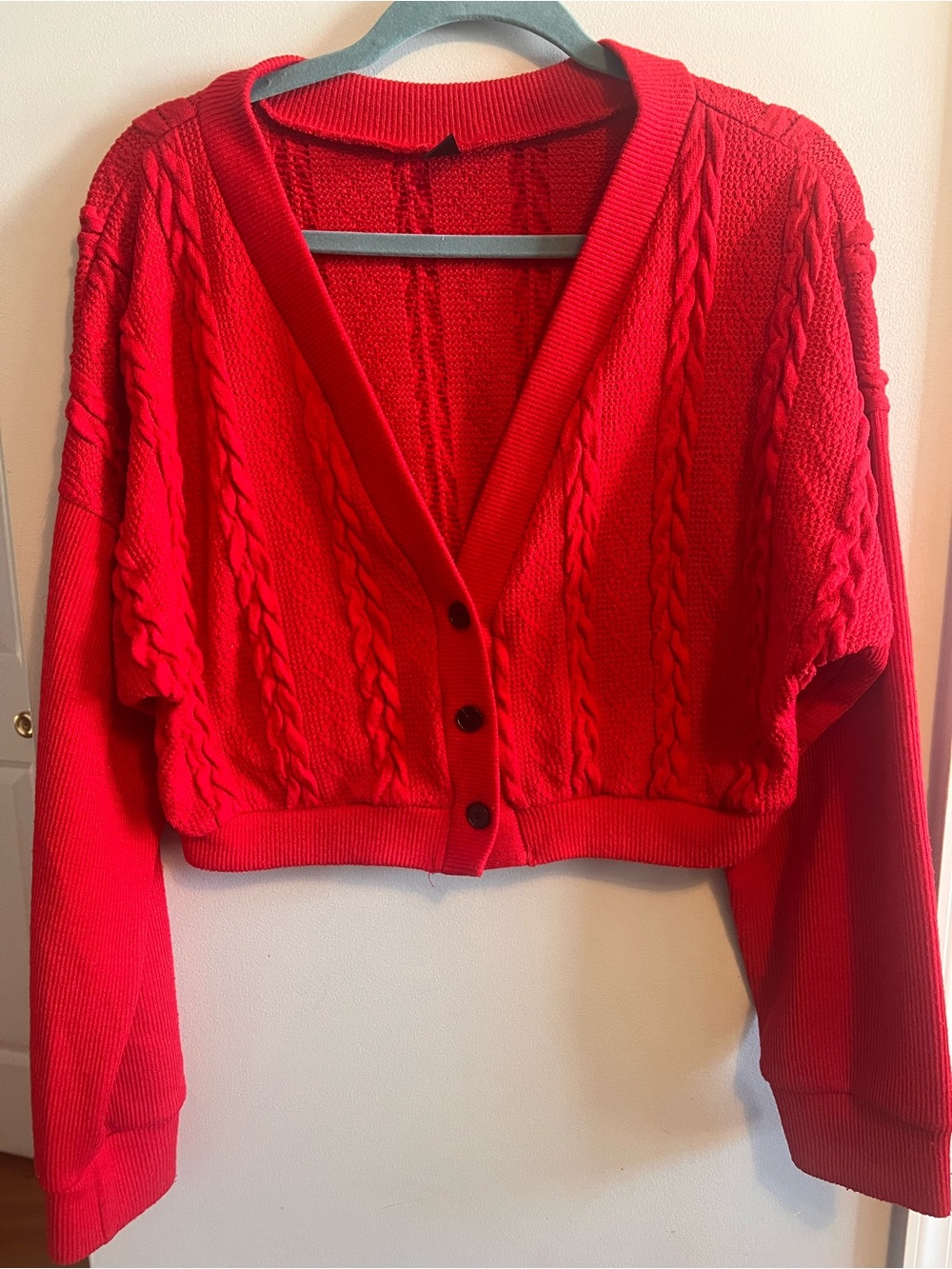 SHEIN Red Cropped Cable-Knit V-Neck Button Cardigan
